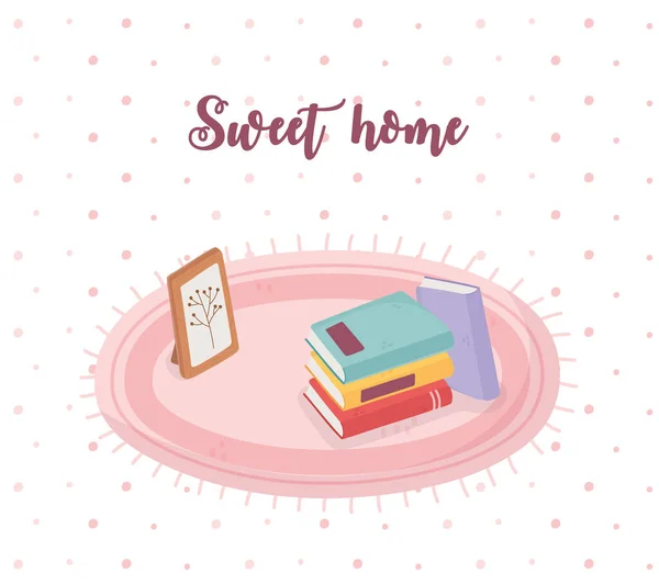Sweet Home Bücher und Rahmen Blätter auf Teppich — Stockvektor