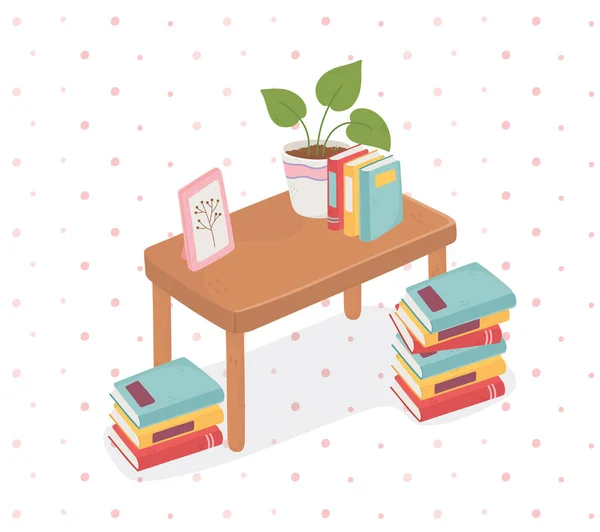 Sweet Home Books Topfpflanzenrahmen auf Tischhintergrund — Stockvektor