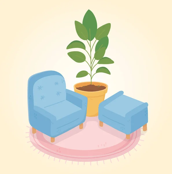 Sweet Home Sofa Stuhl Topfpflanze auf Teppich — Stockvektor