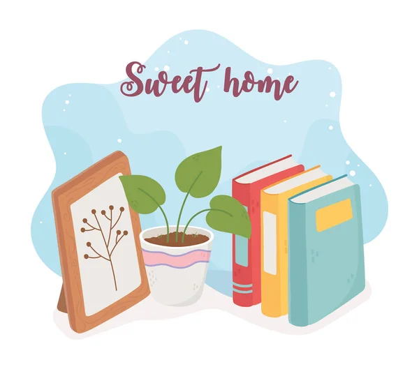 Sweet Home Bücher Topfpflanze Rahmen Bild — Stockvektor