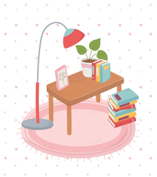 Doce casa livros vaso planta na lâmpada de mesa no tapete — Vetor de Stock