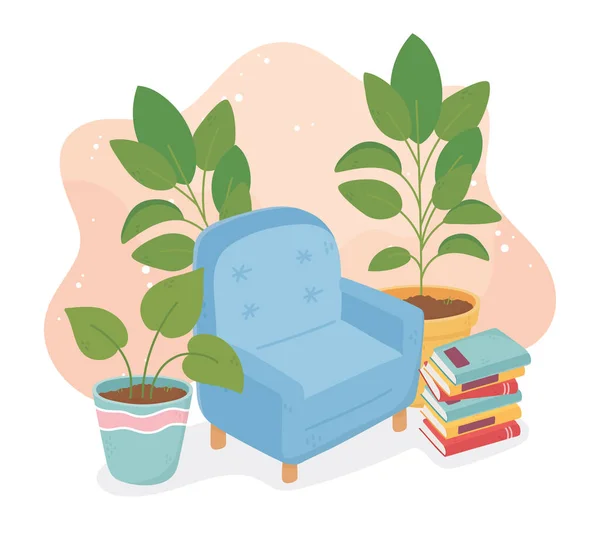 Süßes Sofa Topfpflanzen Bücher Dekoration — Stockvektor