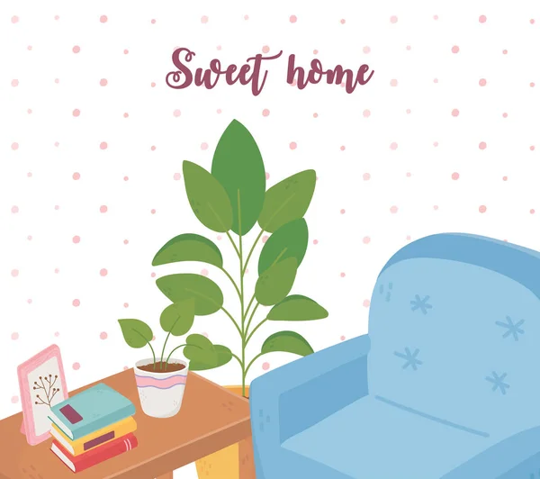 Sweet Home Sofa Bücher Topfpflanze Tischmöbel — Stockvektor