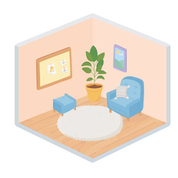 Sladký domácí pohovka židle rostlina koberec rám poznámka deska isometrický styl — Stockový vektor