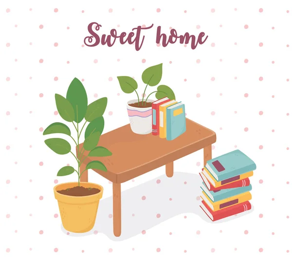 Sweet home books potted plant on table — Stock Vector