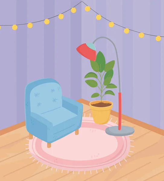 Sladký domov pohovka květináč lampa koberec a závěsné světla — Stockový vektor