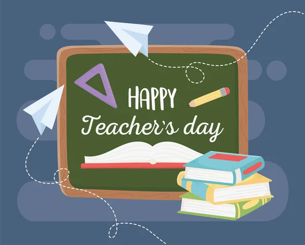 Szczęśliwy dzień nauczycieli, kreda szkoły linijki ołówki książki — Wektor stockowy