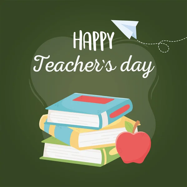 Mutlu öğretmenler günü, okul kitapları ve elma kağıdı uçak yeşil arka plan — Stok Vektör