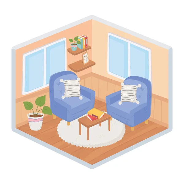 달콤 한 집 소프트 안락 의자 쿠션 카펫 거실등에 있는 책들이 놓인 식물 탁자 — 스톡 벡터