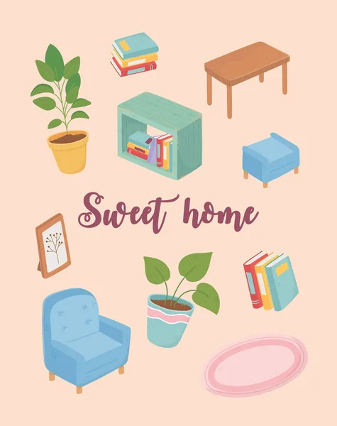 Sweet home sofa books plant table chair — Stock Vector