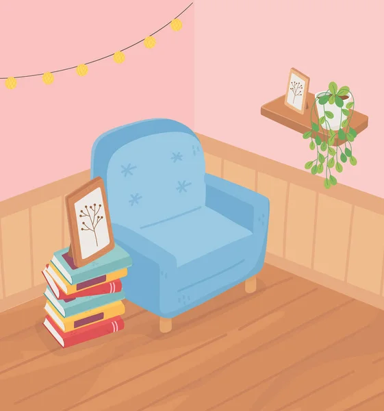 Сладкий дом диван книги укладывается рамка завод на полке свет комнате — стоковый вектор