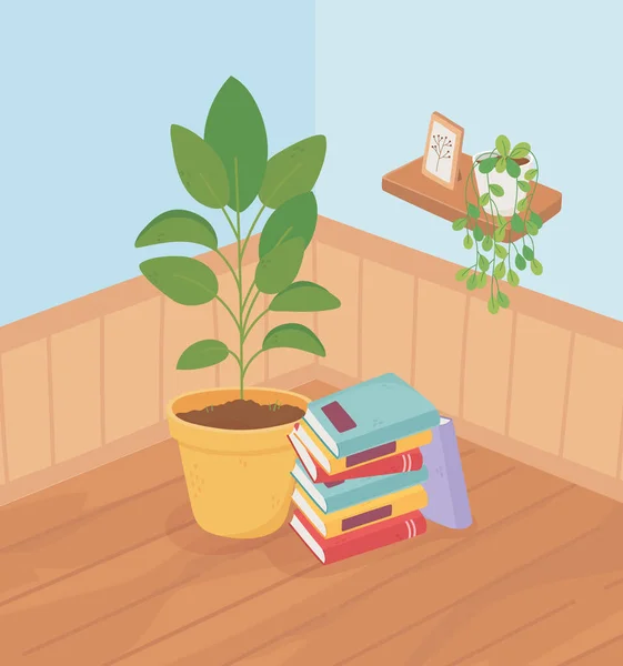 Söt hem växt i kruka böcker på golvet — Stock vektor