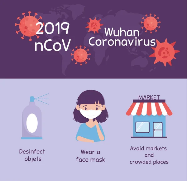 Virus covid 19 prevención desinfectar objetos, usar máscara médica — Archivo Imágenes Vectoriales