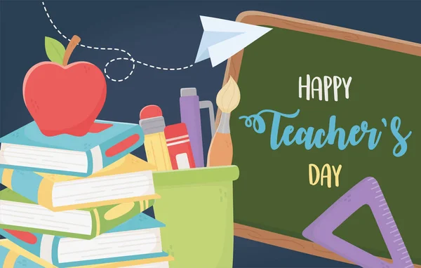 Mutlu öğretmenler günü, karatahta okulu elma cetveli kitapları malzemeleri — Stok Vektör