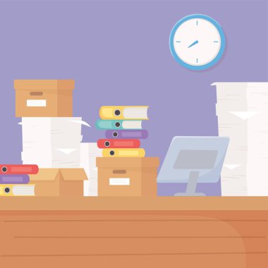 Ofis belgeleri kutular klasörler ve bilgisayar işi stresi