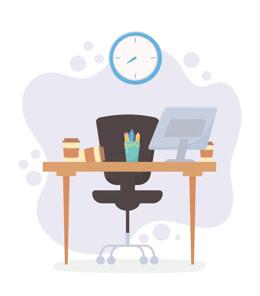 Espace de travail bureau chaise ordinateur tasse de café et stress — Image vectorielle