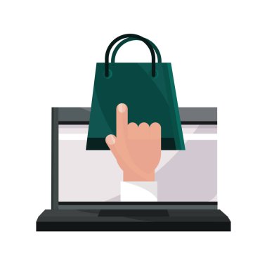 ödemeler çevrimiçi, laptop alışveriş çantası düz simge gölgesine tıklanıyor