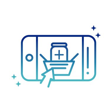 Çevrimiçi sağlık, akıllı telefon alışveriş sepeti eczane uygulaması covid 19 salgın gradyan çizgisi simgesi