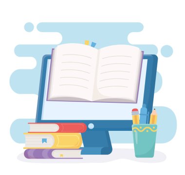 eğitim çevrimiçi kitap bilgisayar kitapları ve kupa içindeki malzemeler
