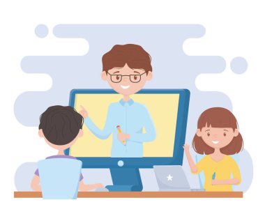 Dizüstü bilgisayarı olan online eğitim öğrencileri sınıf öğretmeni