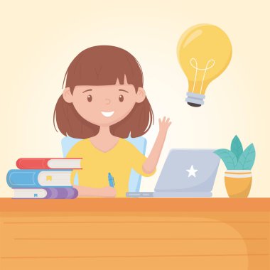 Dizüstü bilgisayarları ve bitkileri olan online eğitim öğrencisi kız.