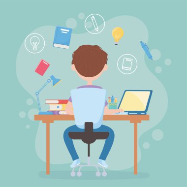 egitim online ogrenci cocuk masa basinda oturup bilgisayarla calisiyor