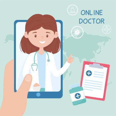 Akıllı telefon panosu ve ilaç şişesiyle çevrimiçi doktor.