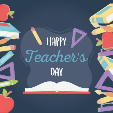 Mutlu öğretmenler günü, tebrik kartı, kitap cetveli ve malzemeler.
