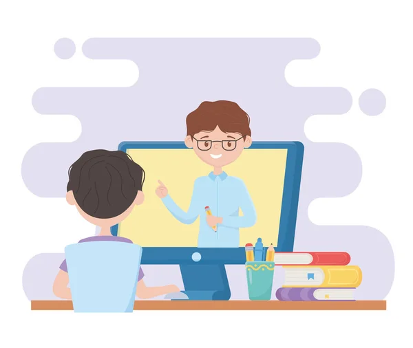 Online education student boy watching video on computer — Stock Vector