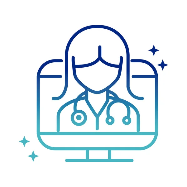 Online health, female doctor with stethoscope in computer covid 19 pandemic gradient line icon — Stock Vector