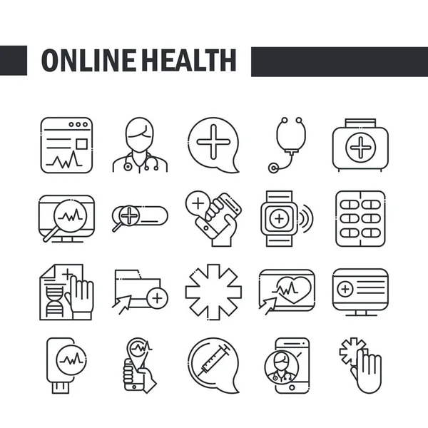 Online zdrowie, pomoc medyczna wsparcie konsultacji ikona zestaw covid 19 ikona linii pandemii — Wektor stockowy