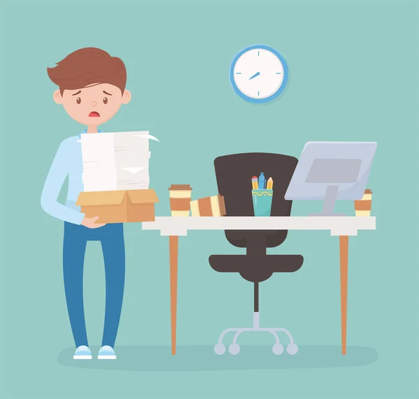 Benadrukt werknemer met veel papieren en doos in kantoorwerk stress — Stockvector