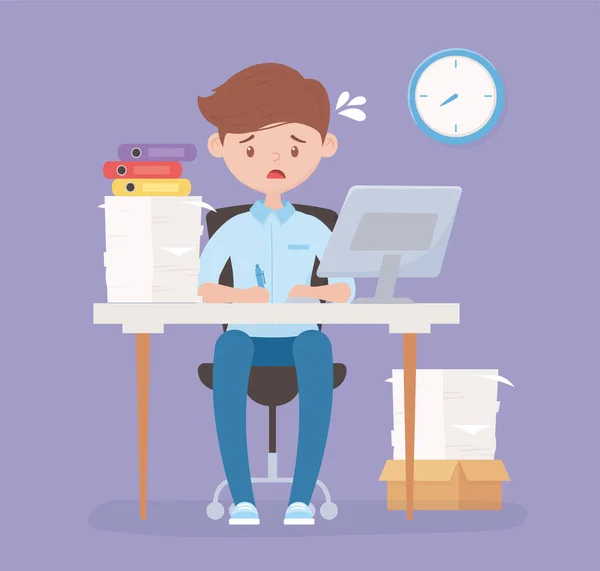 Worried employee in desk office with computer of papers and clock stress — Stock Vector