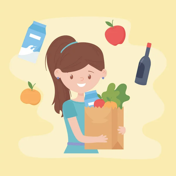 Donna con sacchetto di carta supermercato cibo acquisto in eccesso acquisto in eccesso — Vettoriale Stock