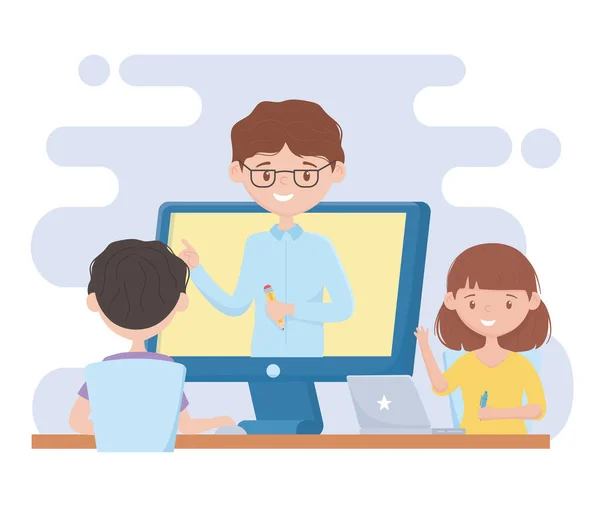 Utbildning online studenter med bärbar dator titta klass lärare — Stock vektor