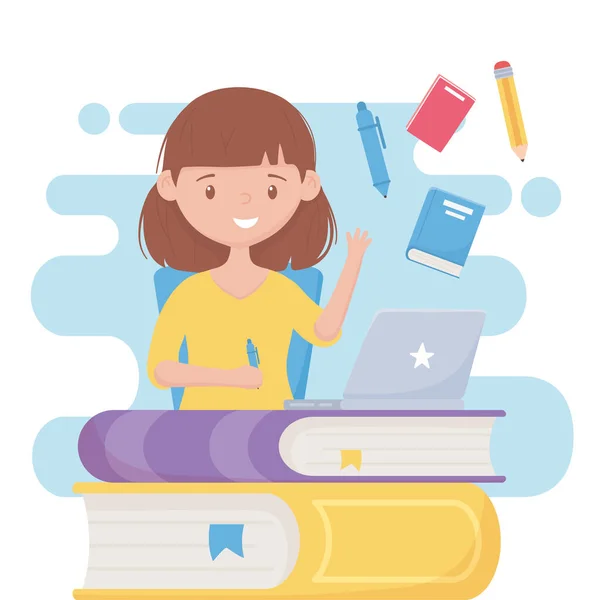 Éducation en ligne étudiant fille avec ordinateur portable sur pile de livres — Image vectorielle