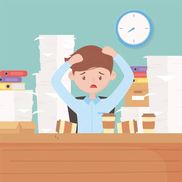 Werknemer met handen in het hoofd bezorgd gestrest kantoor met — Stockvector