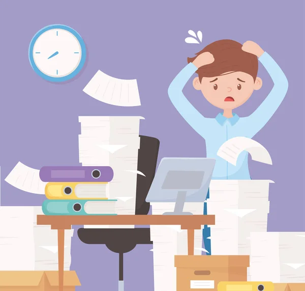 Empresario estresado en el trabajo de oficina con cajas de papel de pila en el escritorio — Vector de stock