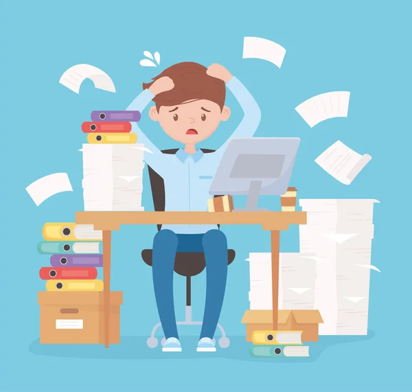 Stressed employee working at desk with boxes of documents and laptop — Stock Vector