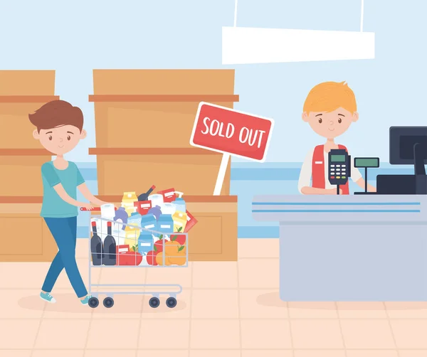 Säljare och kund man med varukorg marknaden mat överskott köp — Stock vektor