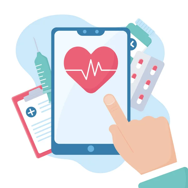 Médico on-line mão tocando tela smartphone app assitance —  Vetores de Stock