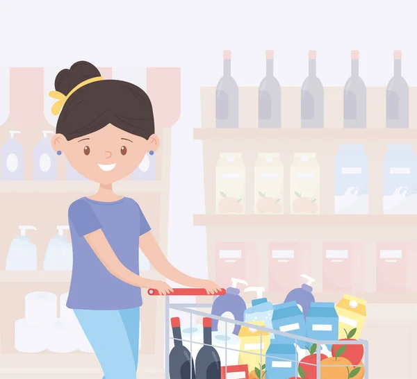 Donna cartone animato con carrello pieno in supermercato acquisto di cibo in eccesso — Vettoriale Stock
