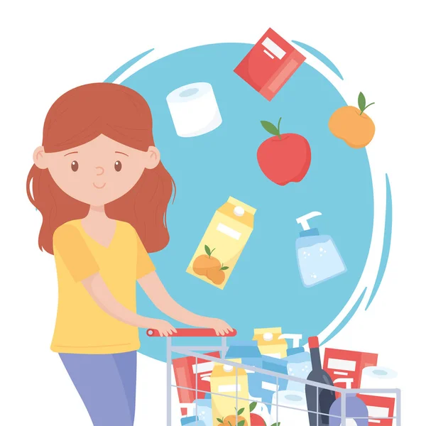 Woman cartoon with full supermarket cart food excess purchase — Stock Vector
