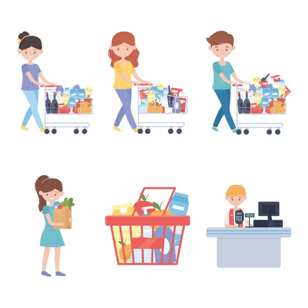 Seller cashier and customers with carts and food that excess purchase — Stock Vector