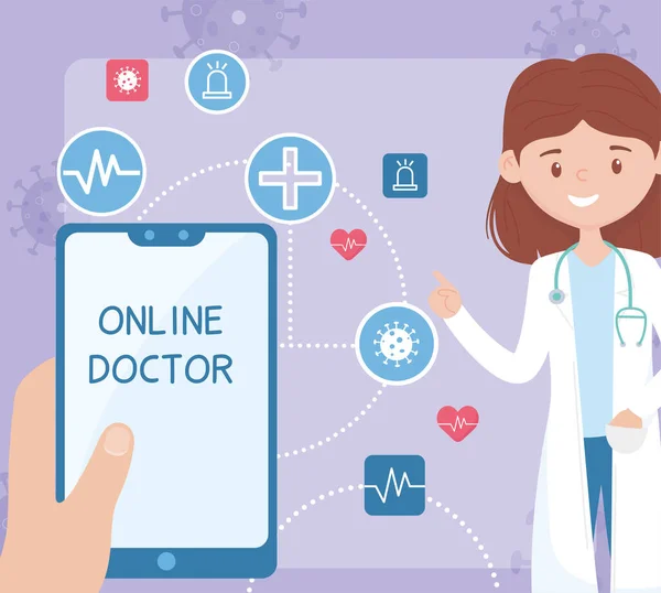 Feminino médico on-line smartphone cuidados de saúde covid 19 vírus —  Vetores de Stock