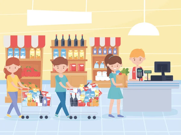 Müşteriler, kasiyerdeki fazla yiyecek alışverişini ödemek için bekliyor.