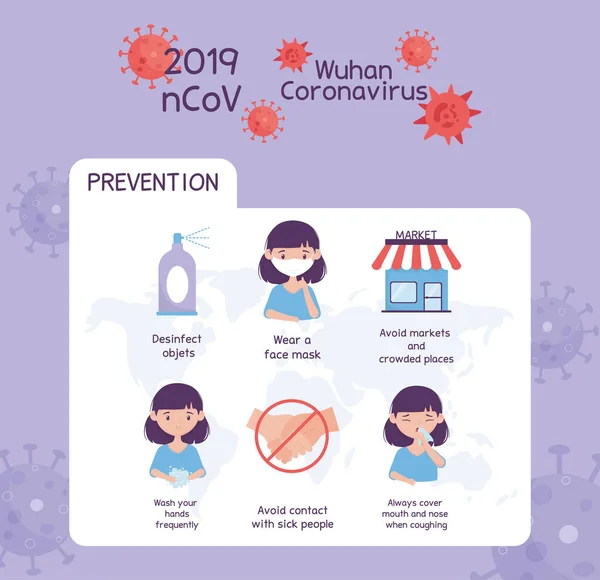 Virus covid 19 prevención infografía no contactar enfermos, evitar mercados y lugares concurridos — Archivo Imágenes Vectoriales