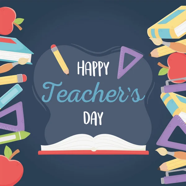 Šťastný den učitelů, přání školní kniha tužka pravítko a zásoby — Stockový vektor
