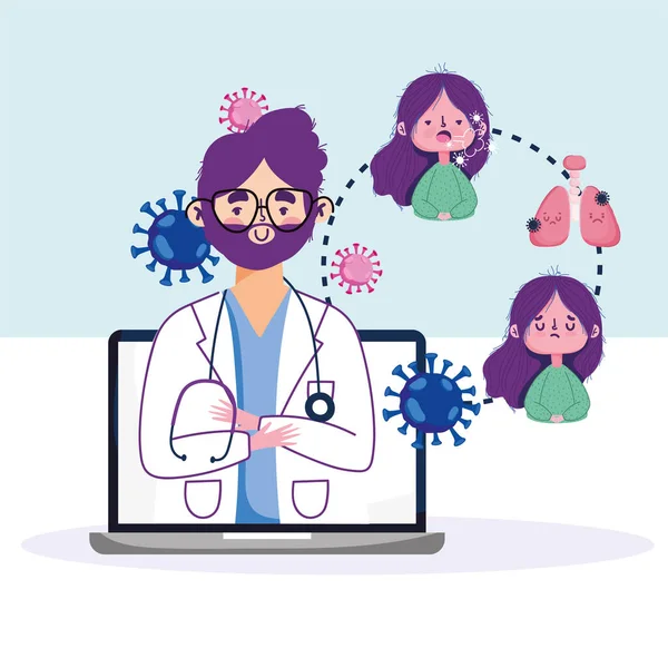 Online-Gesundheit, Arzt in Laptop konsultieren und Patient Lungenentzündung covid 19 Pandemie — Stockvektor