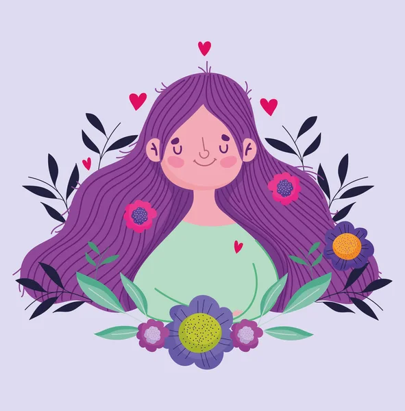 Feliz día de las madres, lindas flores de mujer en la celebración del cabello tarjeta de felicitación — Vector de stock